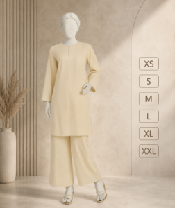 Front view of an elegant cream embroidered women's 2-piece suit featuring a long embroidered shirt with wide-leg palazzo pants displayed on a mannequin.