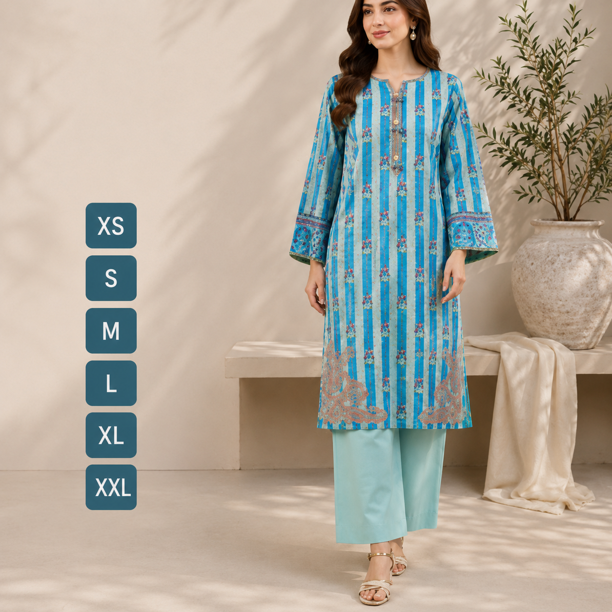 Women's premium blue lawn digital printed 2-piece suit with elegant floral detailing, available in sizes XS, S, M, L, XL, and XXL.